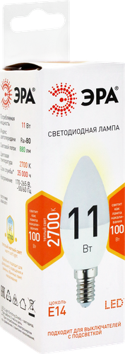 Лампа светодиодная ЭРА Std LED B35-11W-827-E14 11Вт свеча, теплый белый свет, Арт. Б0032980, фотография