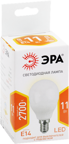 Лампа светодиодная ЭРА Std LED P45-11W-827-E14 11Вт шар, теплый белый свет, Арт. Б0032986, картинка