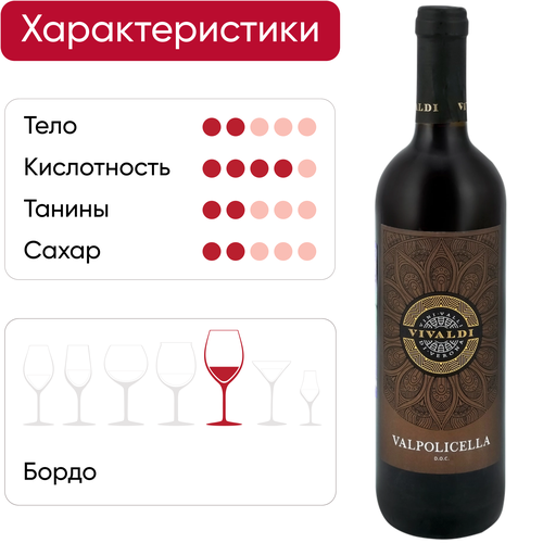 Вино VIVALDI Valpolicella ординарное красное полусухое, 0.75л, крупный план