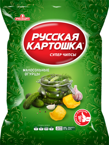 Чипсы картофельные РУССКАЯ КАРТОШКА со вкусом малосольных огурцов, 105г, крупный план