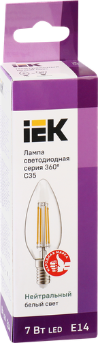 Лампа IEK LED свеча 7Вт, 230В, 4000К, цоколь Е14 360, Арт. LLF-C35-7-230-40-E14-CL, вид