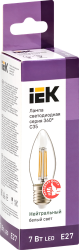 Лампа IEK LED свеча 7Вт, 230В, 4000К, цоколь Е27 360, Арт. LLF-C35-7-230-40-E27-CL, фотография