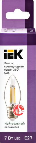 Лампа IEK LED свеча 7Вт, 230В, 4000К, цоколь Е27 360, Арт. LLF-C35-7-230-40-E27-CL, фотография