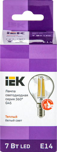 Лампа IEK LED шар 7Вт, 230В, 3000К, цоколь Е14 360, Арт. LLF-G45-7-230-30-E14-CL, фото
