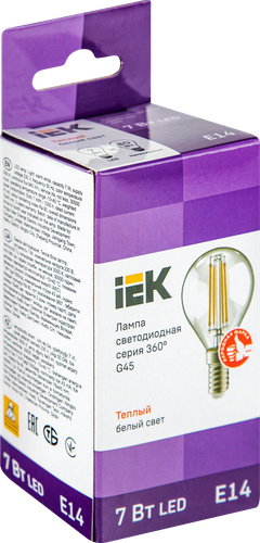 Лампа IEK LED шар 7Вт, 230В, 3000К, цоколь Е14 360, Арт. LLF-G45-7-230-30-E14-CL, изображение