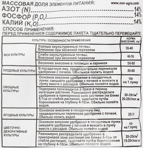 Удобрение для цветов НОВ-АГРО минеральное N:P:K 14:14:14, Арт. НА56, 900г, вид
