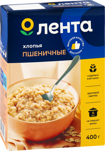 Хлопья пшеничные ЛЕНТА из цельного зерна, не требующие варки, 400г, детальное фото