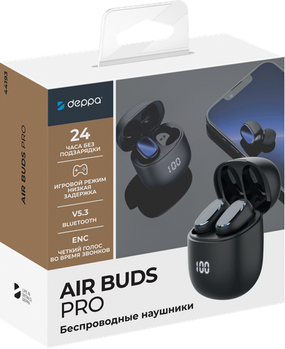 Наушники беспроводные DEPPA Air Buds Pro с микрофоном TWS, BT 5.3, LED, 300 мАч, черный, Арт. 44193, картинка