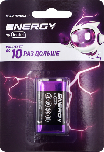 Элемент питания ENERGY BY LENTEL крона 9V 6LR61-1B, 1шт, изображение