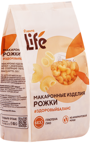 Макароны безглютеновые ЛЕНТА LIFE Рожки, из кукурузной муки с добавлением амарантовой муки, 250г, картинка