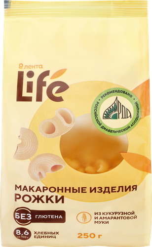 Макароны безглютеновые ЛЕНТА LIFE Рожки, из кукурузной муки с добавлением амарантовой муки, 250г, фото