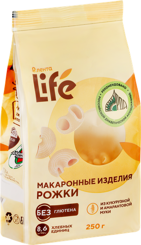 Макароны безглютеновые ЛЕНТА LIFE Рожки, из кукурузной муки с добавлением амарантовой муки, 250г, крупный план