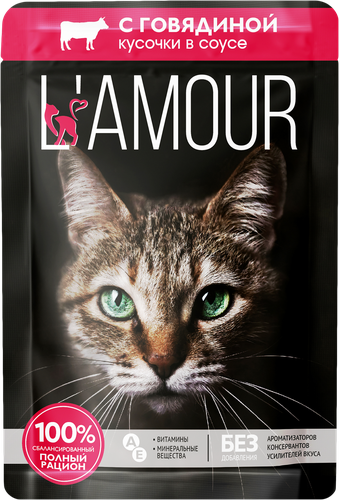 Корм консервированный для кошек L’AMOUR с говядиной в соусе, 75г, фотография