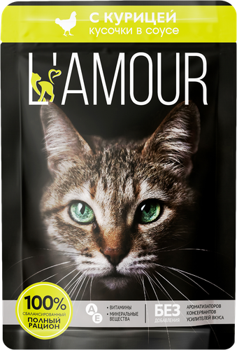Корм консервированный для кошек L’AMOUR с курицей в соусе, 75г, фотография