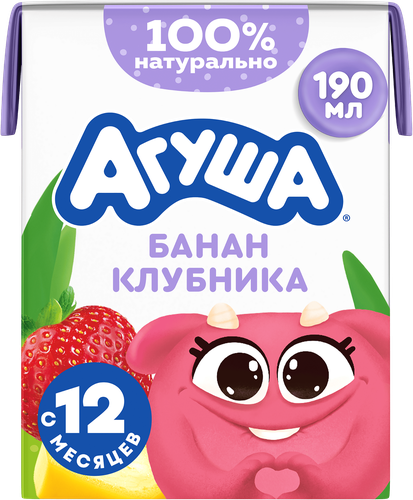 Молочный коктейль детский АГУША Банан, клубника 2%, без змж, 190мл, фото