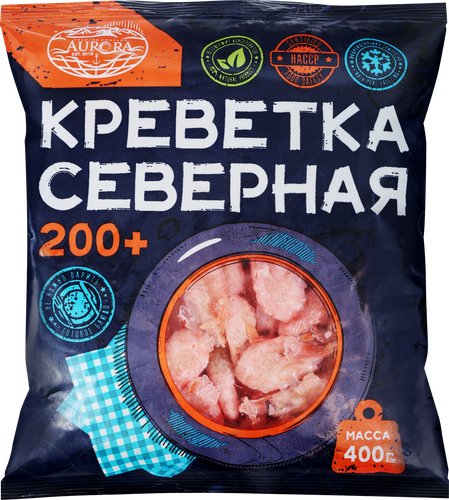 Креветки северные варено-мороженые AURORA неразделанные 200+, 400г, картинка