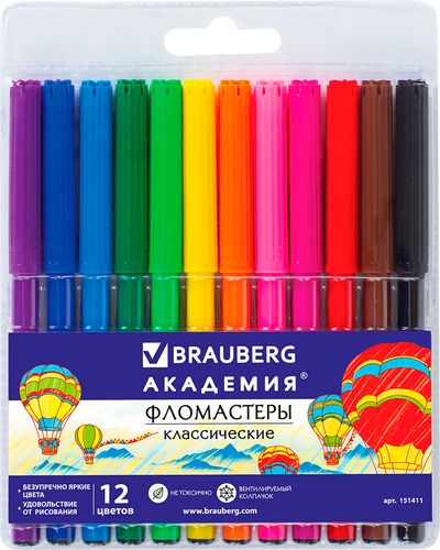 Фломастеры BRAUBERG Академия, 12 цветов, Арт. 151411, 12шт, фото