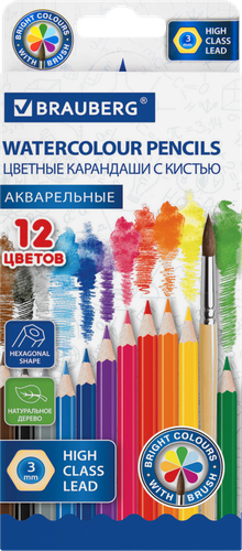 Карандаши цветные BRAUBERG Академия, акварельные шестигранные, 12 цветов, Арт. 181398, 12шт, крупный план