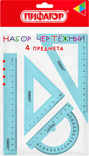 Набор чертежный ЮНЛАНДИЯ Color, средний: линейка 20см, 2 треугольника, транспортир, Арт. 210755, фотография