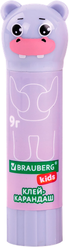 Клей-карандаш BRAUBERG Kids Пастельные зверята: мышка, тигр, бегемот, Арт. 271140, 9г, крупный план
