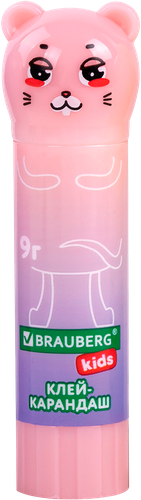 Клей-карандаш BRAUBERG Kids Пастельные зверята: мышка, тигр, бегемот, Арт. 271140, 9г, фотография