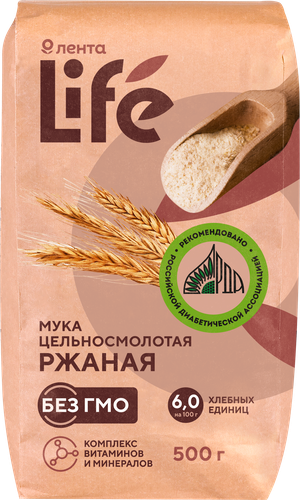 Мука ржаная ЛЕНТА LIFE цельносмолотая, 500г, крупный план