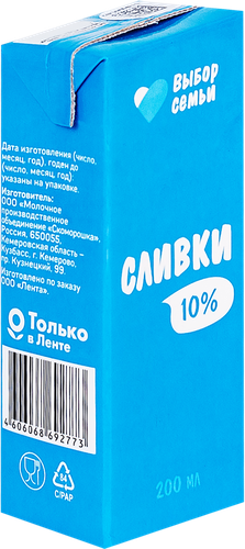 Сливки ультрапастеризованные ВЫБОР СЕМЬИ 10%, без змж, 200мл, вид