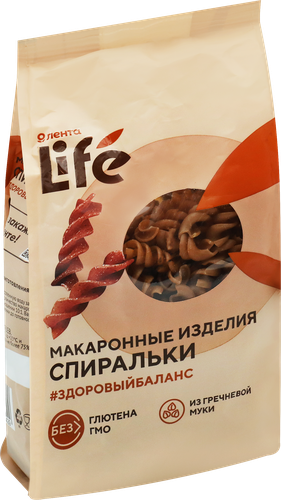 Макароны безглютеновые ЛЕНТА LIFE Спиральки, из гречневой муки с добавлением амарантовой муки, 250г, картинка