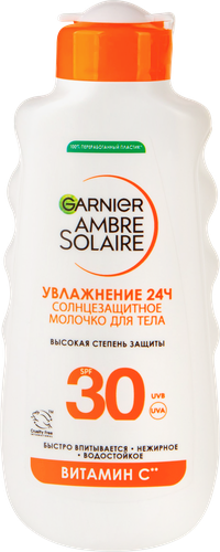 Молочко солнцезащитное для лица и тела GARNIER Ambre Solaire с маслом ши, водостойкое SPF30, 200мл, вид