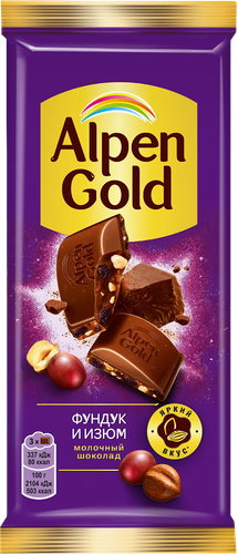Шоколад ALPEN GOLD с фундуком и изюмом, 80г, детальное фото