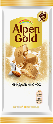 Шоколад белый ALPEN GOLD с миндалем и кокосовой стружкой, 80г, детальное фото