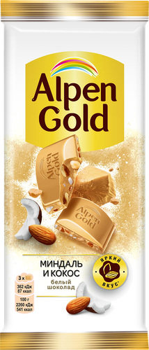 Шоколад белый ALPEN GOLD с миндалем и кокосовой стружкой, 80г, изображение