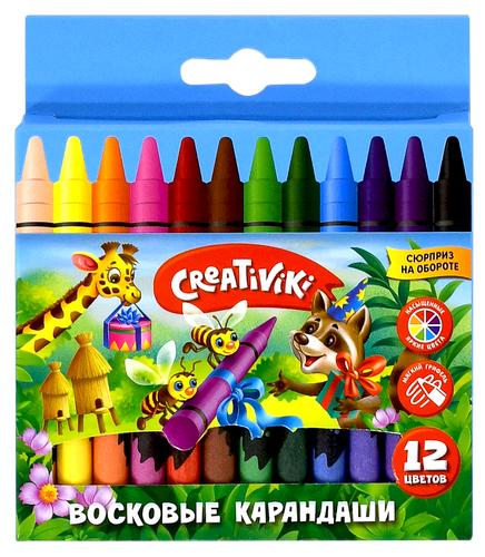 Карандаши восковые CREATIVIKI 12 цветов, круглые, 8мм, Арт. КВ12КР, крупный план
