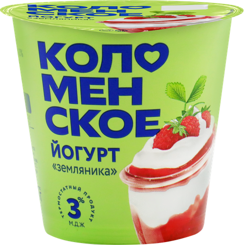 Йогурт термостатный КОЛОМЕНСКОЕ Земляника 3%, без змж, 130г, крупный план
