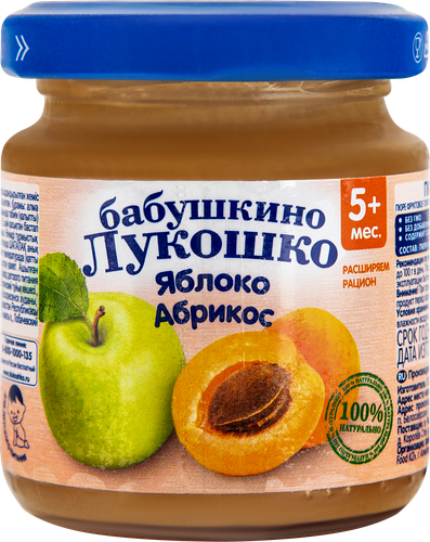 Пюре фруктовое БАБУШКИНО ЛУКОШКО Яблоко-абрикос, с 5 месяцев, 100г, крупный план