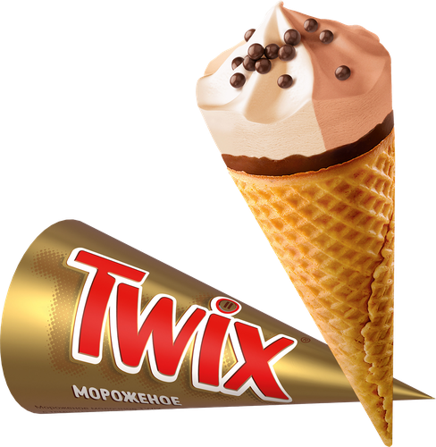 Мороженое TWIX Двухслойное, молочное со вкусом карамели и молочное с какао-порошком, с карамелью, рисовыми шариками в молочном шоколаде 5%, без змж, вафельный рожок, 68г, вид