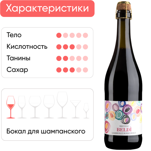Вино игристое BELDI Lambrusco Эмилия жемчужное красное полусладкое, 0.75л, крупный план