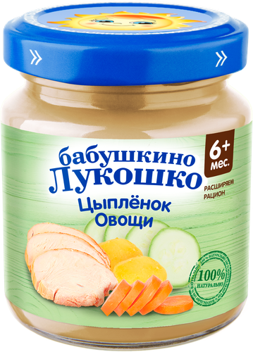 Пюре мясо-овощное БАБУШКИНО ЛУКОШКО Рагу овощное с цыпленком, с 6 месяцев, 100г, картинка