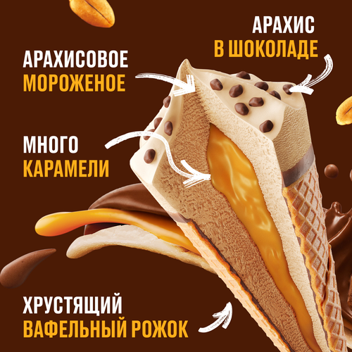 Мороженое SNICKERS Молочное арахисовое, с карамелью и арахисом в молочном шоколаде 5%, без змж, вафельный рожок, 69г, детальное фото