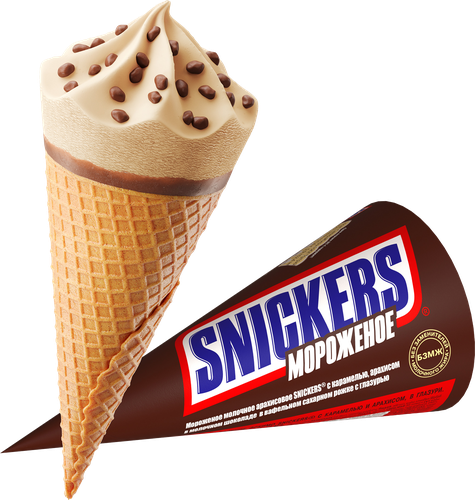 Мороженое SNICKERS Молочное арахисовое, с карамелью и арахисом в молочном шоколаде 5%, без змж, вафельный рожок, 69г, фото