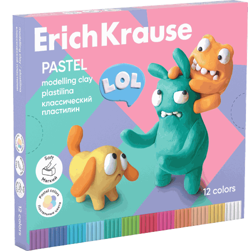 Пластилин ERICHKRAUSE Jolly Friends Pastel, классический, 12 цветов со стеком, Арт. 61352, 216г, изображение