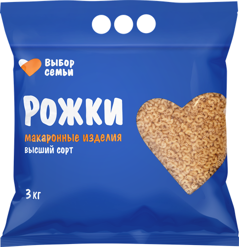 Макароны ВЫБОР СЕМЬИ Рожки, группа В высший сорт, 3кг, крупный план
