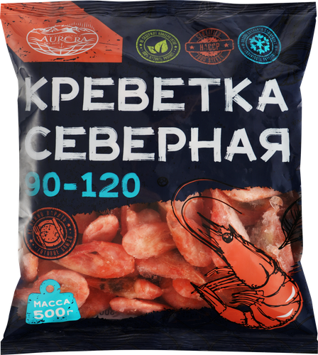 Креветки северные варено-мороженые AURORA 90–120, глазурь 14%, 500г, изображение