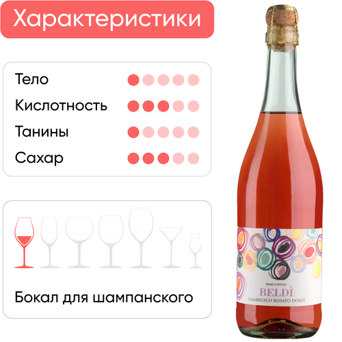 Вино игристое BELDI Lambrusco Эмилия жемчужное розовое полусладкое, 0.75л, фото