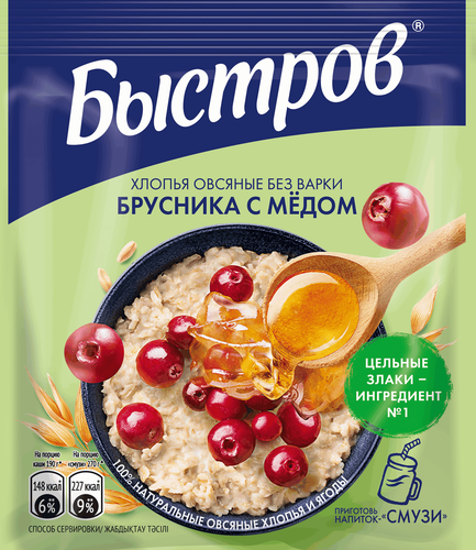 Хлопья овсяные БЫСТРОВ с брусникой и медом, 40г, картинка