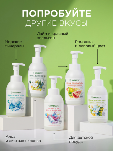 Пенка для мытья посуды SYNERGETIC Алоэ и экстракт хлопка, 500мл, вид