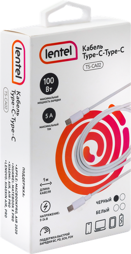 Кабель LENTEL Type-C-Type-C, 1м, 5А, 100Вт, быстрая зарядка, Арт. TS-CA02, изображение