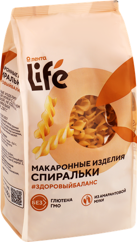 Макароны безглютеновые ЛЕНТА LIFE Спиральки, из кукурузной муки с добавлением амарантовой, 250г, вид