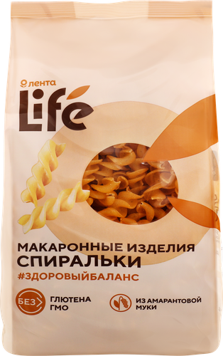 Макароны безглютеновые ЛЕНТА LIFE Спиральки, из кукурузной муки с добавлением амарантовой, 250г, крупный план
