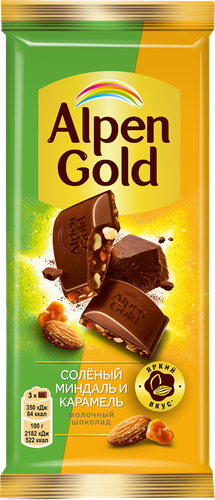 Шоколад молочный ALPEN GOLD с соленым миндалем и карамелью, 80г, вид